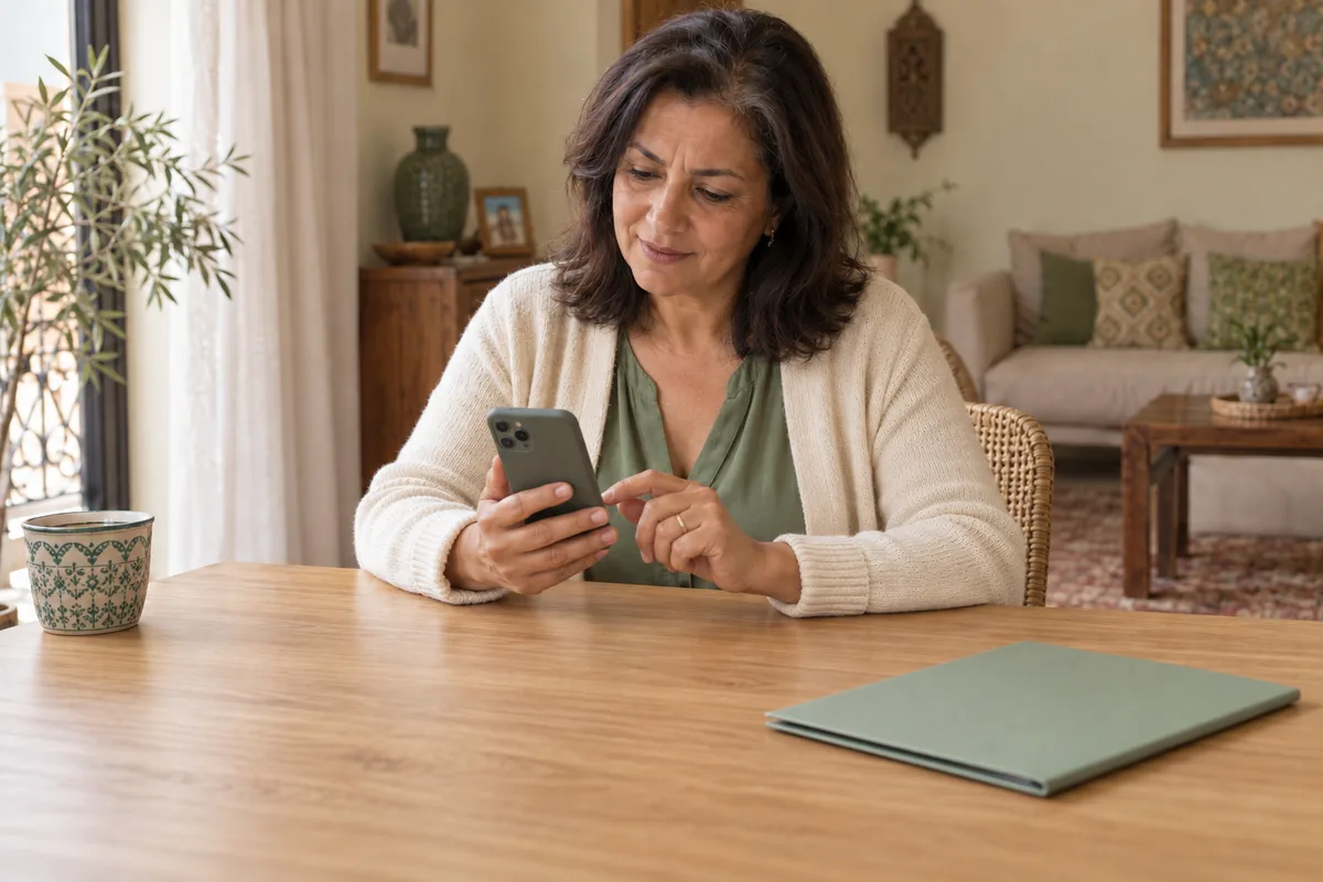 La même femme retrouve tranquillement ses documents de santé sur son téléphone, devant une table rangée.
